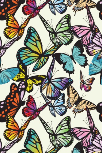 Fancy Walls traditional wallpaper featuring colorful butterfly design on light background.