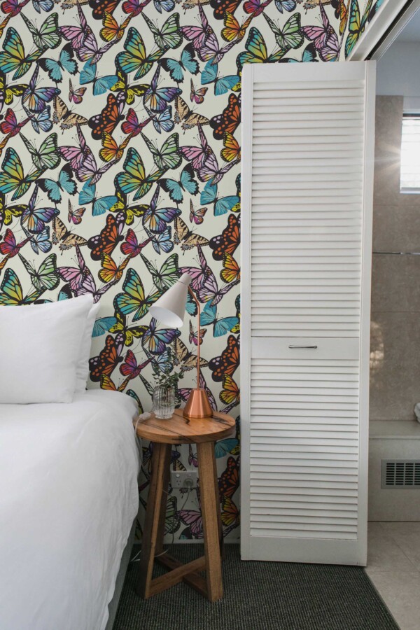 Fancy Walls peel and stick wallpaper with colorful bold butterfly pattern.