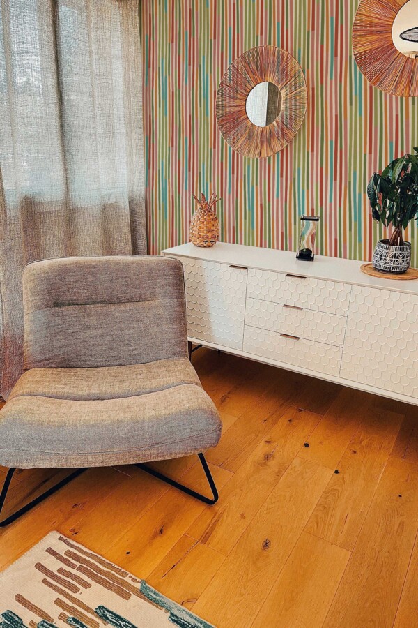 Fancy Walls self-adhesive wallpaper featuring hand drawn colorful stripes on beige.