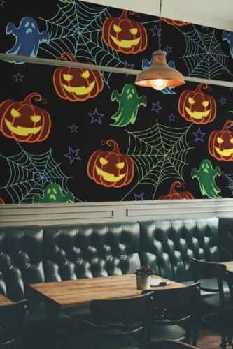 Fancy Walls Dark Halloween Colorful Pattern wall mural peel and stick design with vivid pumpkins and ghosts ideal for kids playrooms or party spaces