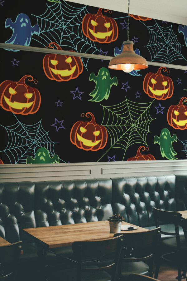 Fancy Walls Dark Halloween Colorful Pattern wall mural peel and stick design with vivid pumpkins and ghosts ideal for kids playrooms or party spaces