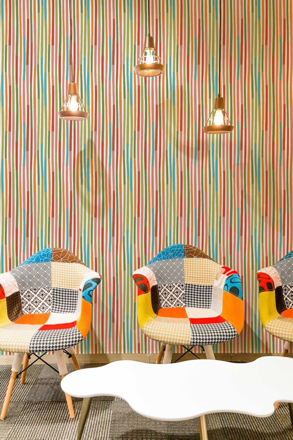 Fancy Walls removable wallpaper with playful blue green and pink striped pattern. Cute Stripes peel and stick or non-pasted PVC-free and eco-friendly funny bright wallpaper