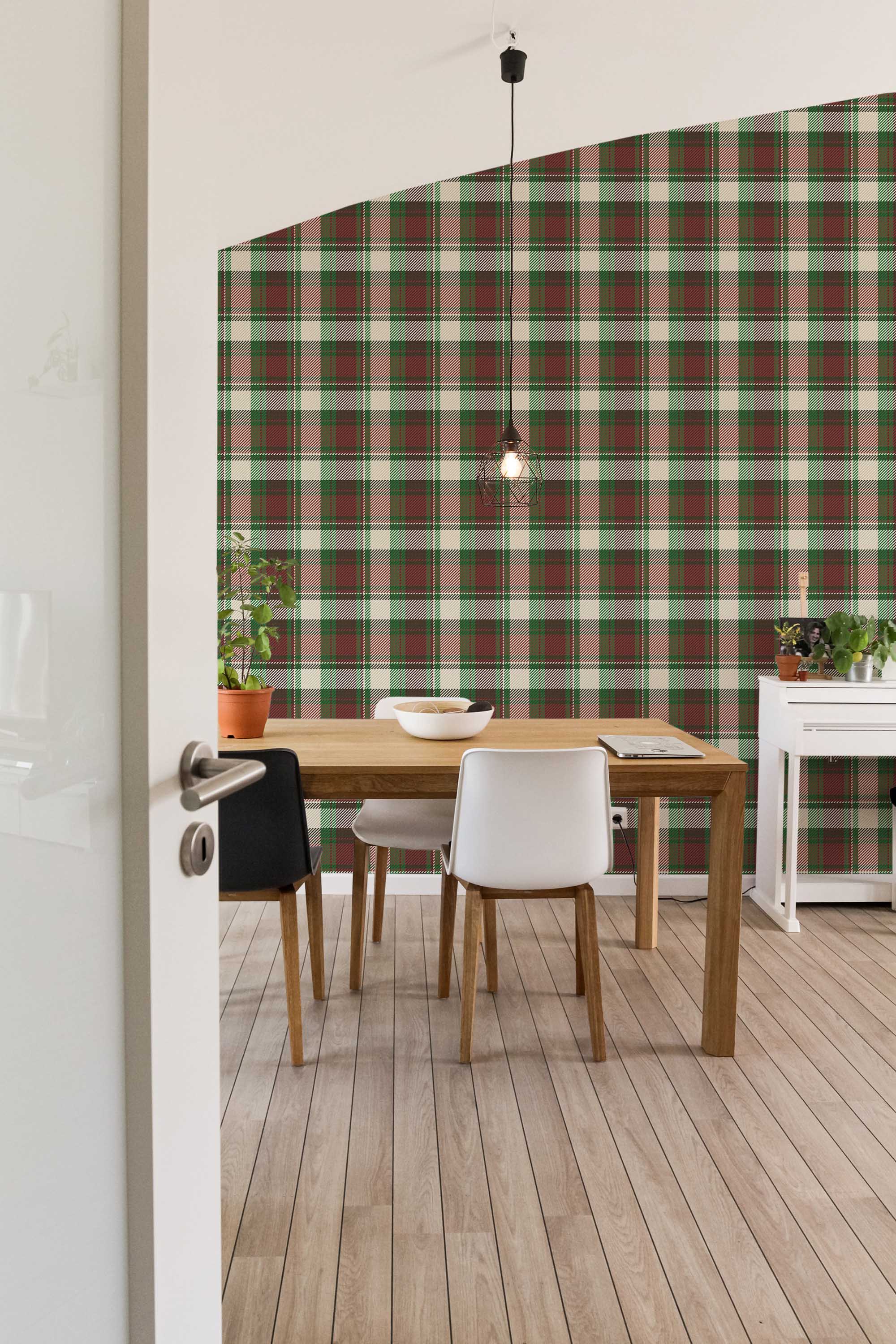 Fancy Walls traditional wallpaper featuring timeless plaid in brown and burgundy hues.