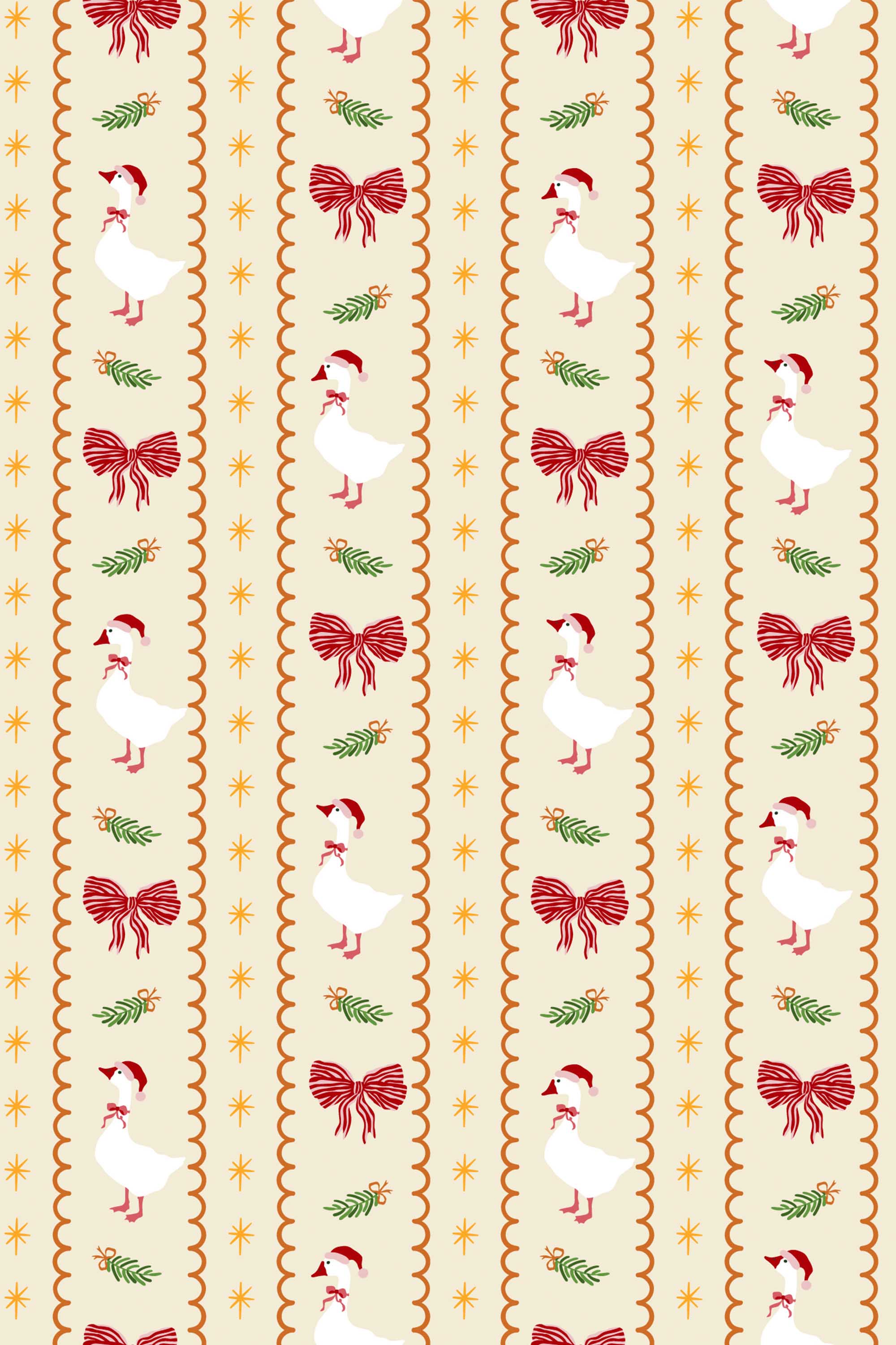 Fancy Walls removable wallpaper showcasing charming Christmas geese pattern in beige tones.
