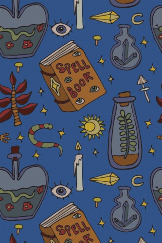 Fancy Walls peel and stick wallpaper with cute blue gothic doodle design.