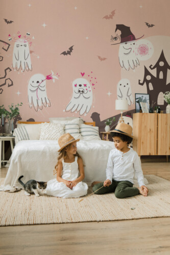 Cute Halloween Ghosts wall mural by Fancy Walls featuring kawaii-style pink ghosts in a playful graveyard scene peel and stick wall mural
