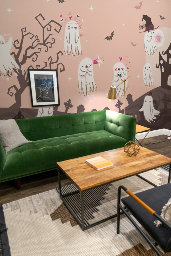 Fancy Walls Cute Halloween Ghosts wall mural peel and stick with pastel pink background and cheerful ghost characters