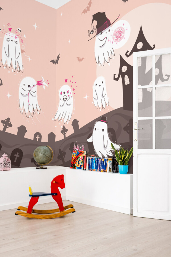 Cute Halloween Ghosts wall mural by Fancy Walls showing kawaii ghosts and bats wall mural peel and stick for kids rooms