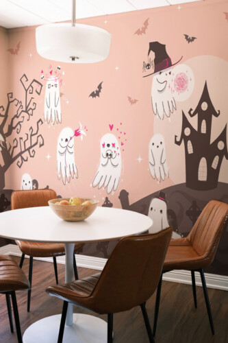 Fancy Walls Cute Halloween Ghosts printed wall mural with pastel pink Halloween design wall mural printing for playful interiors