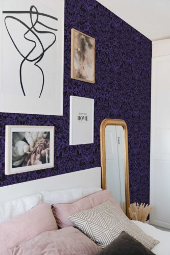 Fancy Walls traditional wallpaper with aesthetic dark purple and black damask.