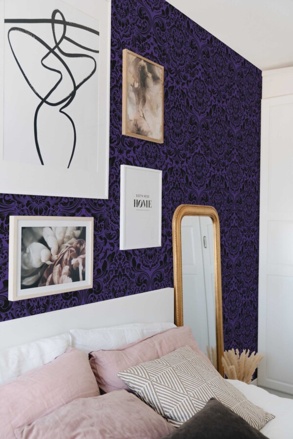 Fancy Walls traditional wallpaper with aesthetic dark purple and black damask.