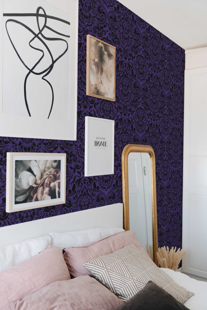 Fancy Walls traditional wallpaper with aesthetic dark purple and black damask.