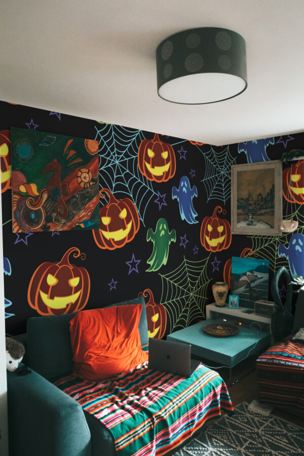 Fancy Walls Dark Halloween Colorful Night Whimsy wall mural with cheerful pumpkin faces and spooky web details creating a lively atmosphere