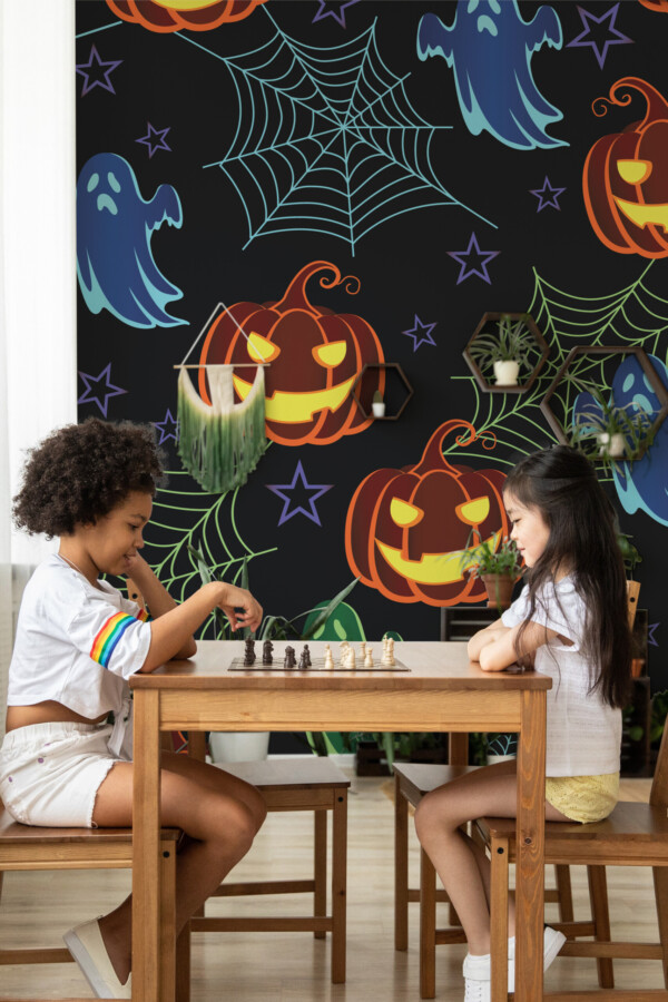 Fancy Walls Haunted Glow removable wall mural featuring playful Halloween motifs and bright colors perfect for themed cafés or living rooms