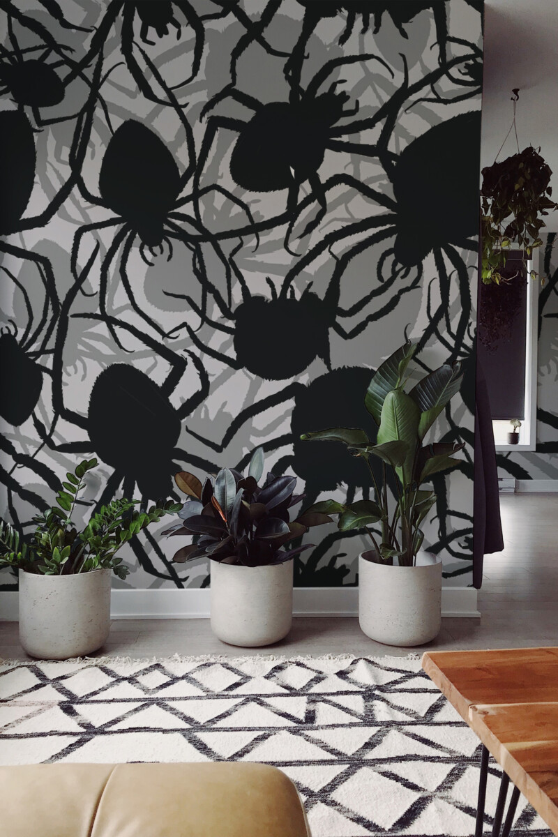 Dark Spiders wall mural by Fancy Walls featuring bold black spider silhouettes with layered gray web shadows peel and stick wall mural