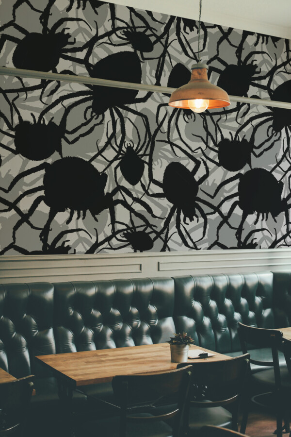 Fancy Walls Dark Spiders wall mural peel and stick with gothic spider shapes on a dark gray background for bold interiors