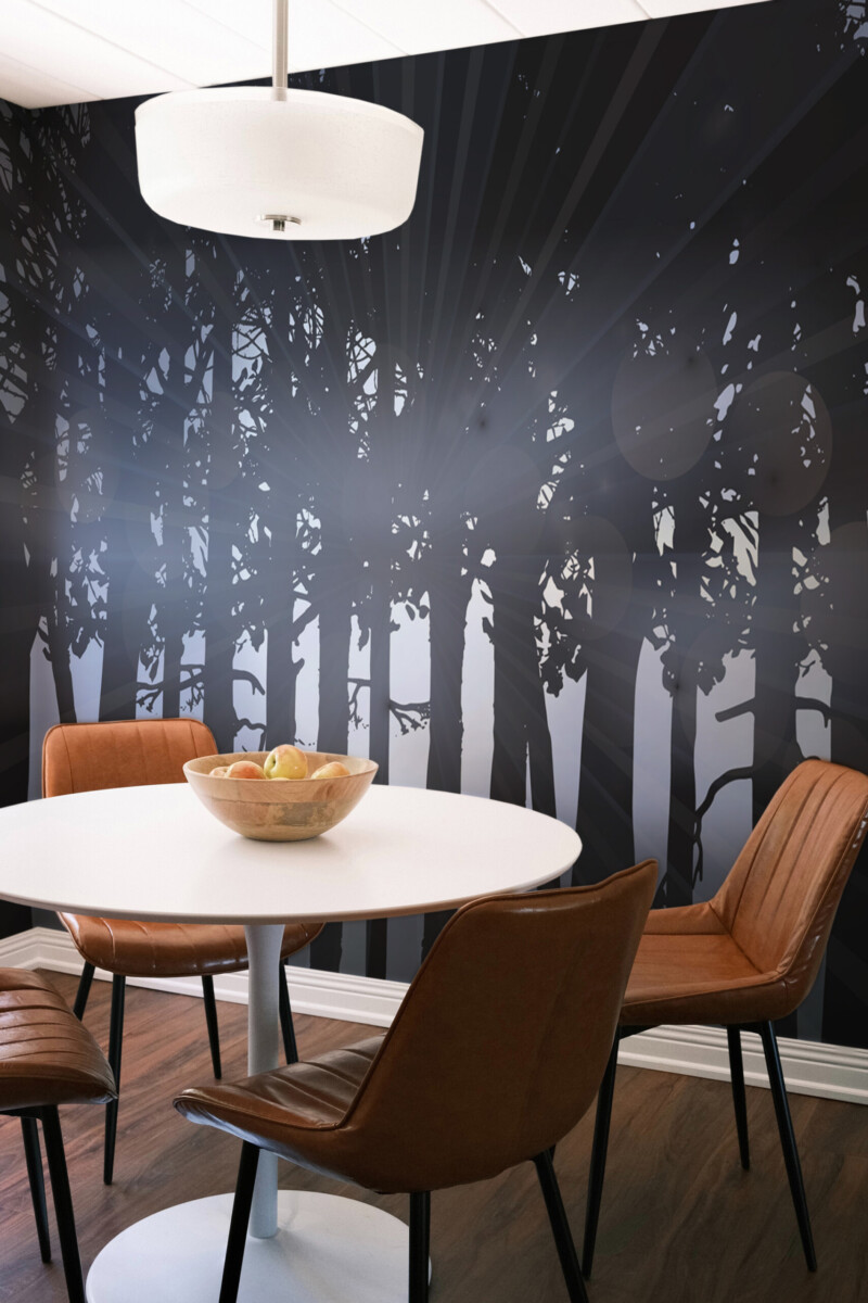 Midnight Forest wall mural by Fancy Walls featuring a mysterious forest silhouette with light beams cutting through the trees peel and stick wall mural design