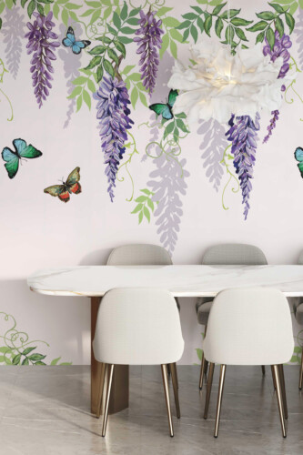 Whispering Wisteria wall mural by Fancy Walls featuring cascading lavender vines and butterflies peel and stick wall mural for elegant interiors