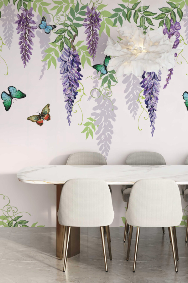 Whispering Wisteria wall mural by Fancy Walls featuring cascading lavender vines and butterflies peel and stick wall mural for elegant interiors