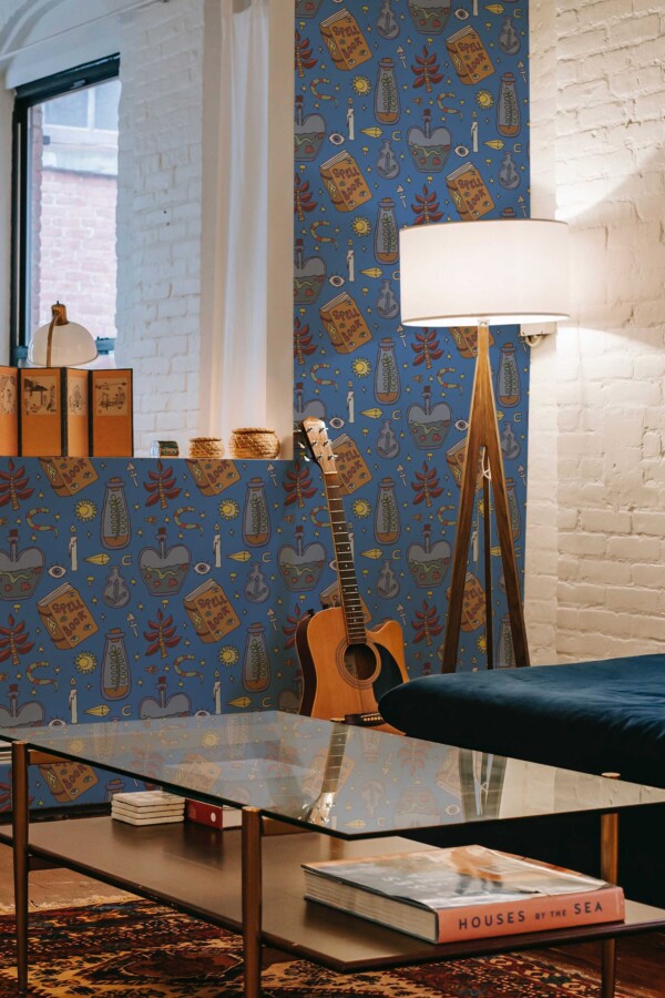Fancy Walls removable wallpaper with boho gothic doodles in dusty blue tones.