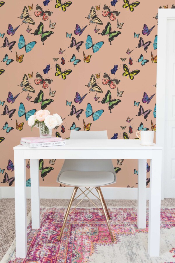 Fancy Walls traditional wallpaper featuring bold butterflies on dusty rose base.