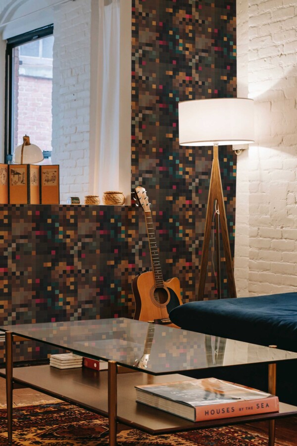 Fancy Walls self-adhesive wallpaper featuring bold earthy brown pixel pattern.
