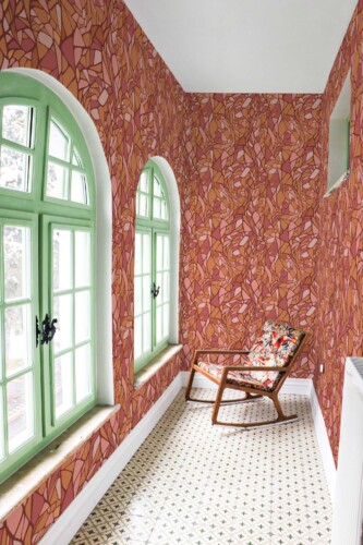 Fancy Walls traditional wallpaper featuring earthy copper and rust mosaic design.
