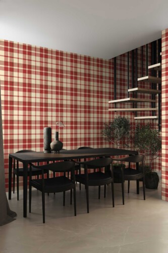 Fancy Walls peel and stick wallpaper featuring beige and red plaid for a cozy farmhouse feel.