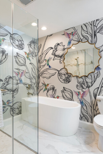 Garden Harmony wall mural by Fancy Walls featuring sketched tulips and colorful watercolor hummingbirds peel and stick wall mural design