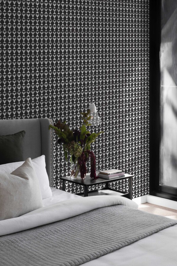 Fancy Walls removable wallpaper with black and white geometric eye check pattern.