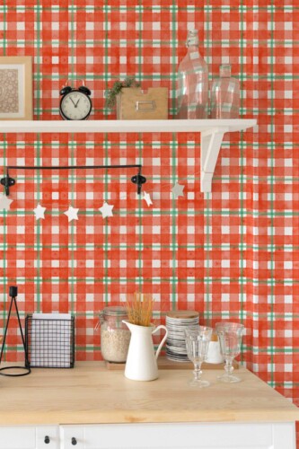 Fancy Walls traditional wallpaper showcasing energetic red plaid with classic green lines.