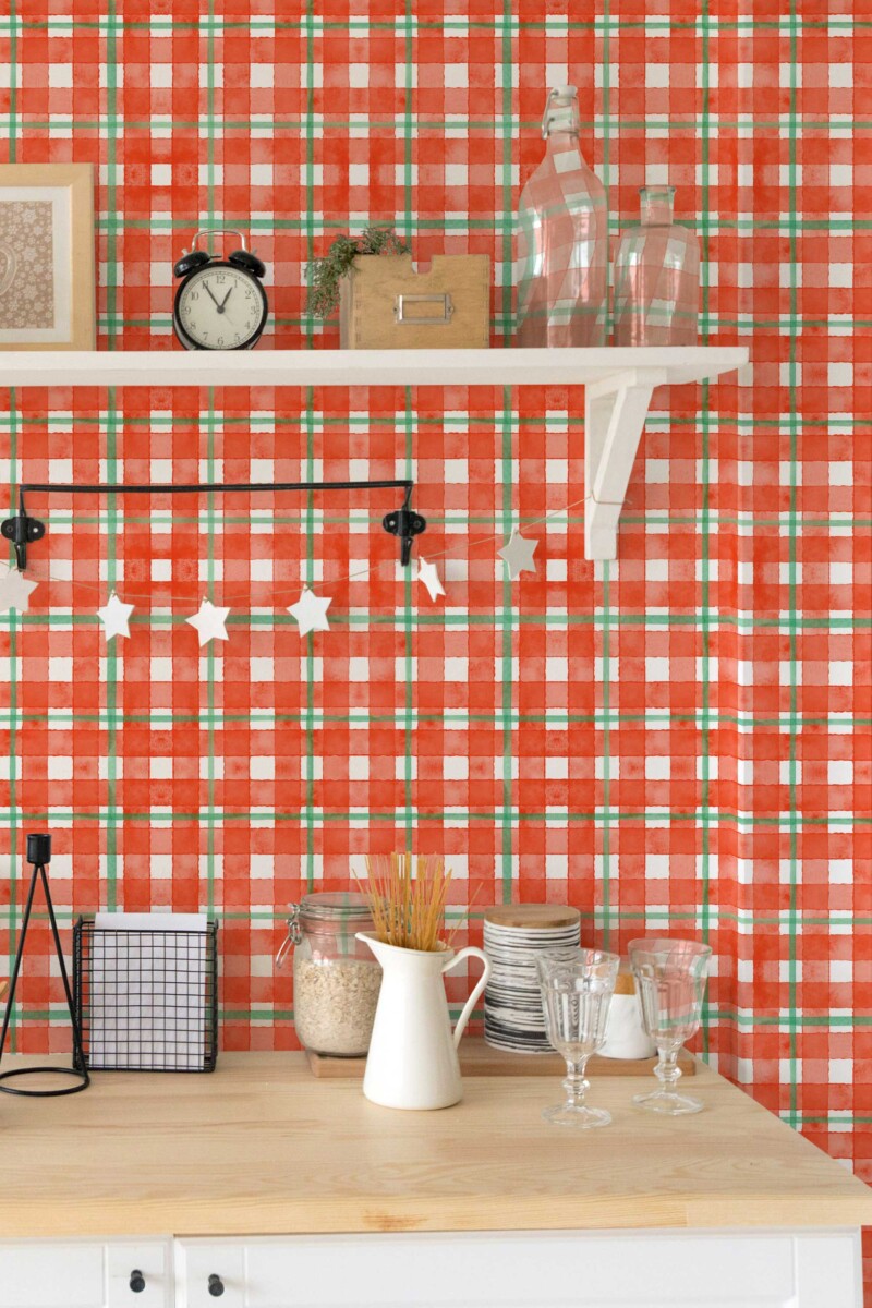 Fancy Walls traditional wallpaper showcasing energetic red plaid with classic green lines.