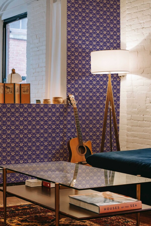 Fancy Walls peel and stick wallpaper featuring classic blue art deco damask pattern.