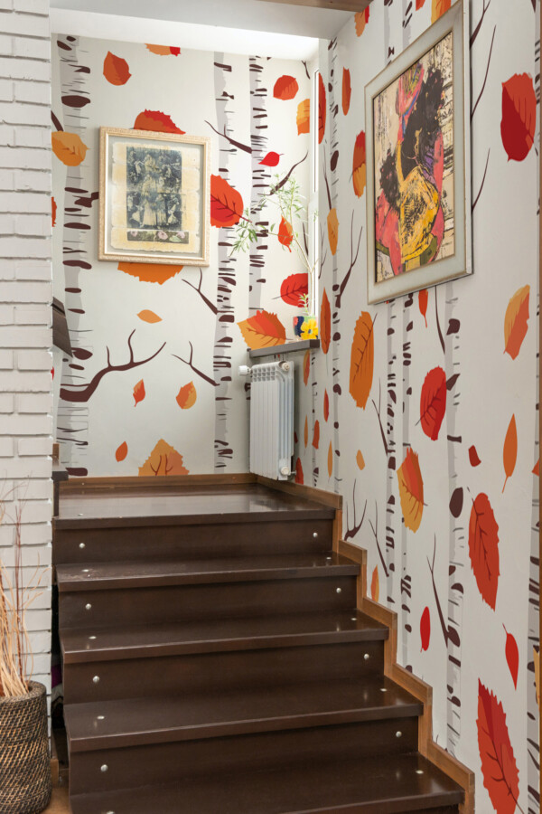 Fancy Walls Golden Fall Leaves printed wall mural displaying birch trunks and delicate fall foliage wall mural printing quality