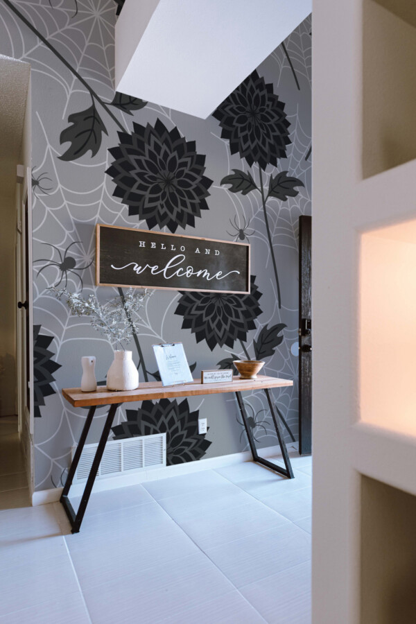 Fancy Walls Gothic Dark Floral wall mural peel and stick with dark petals and cobweb patterns ideal for moody bedrooms or creative spaces