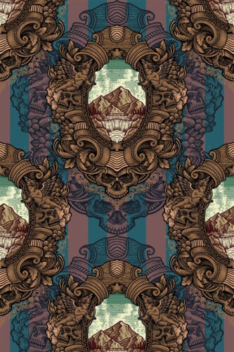 Fancy Walls removable wallpaper in moody brown Victorian skull design.