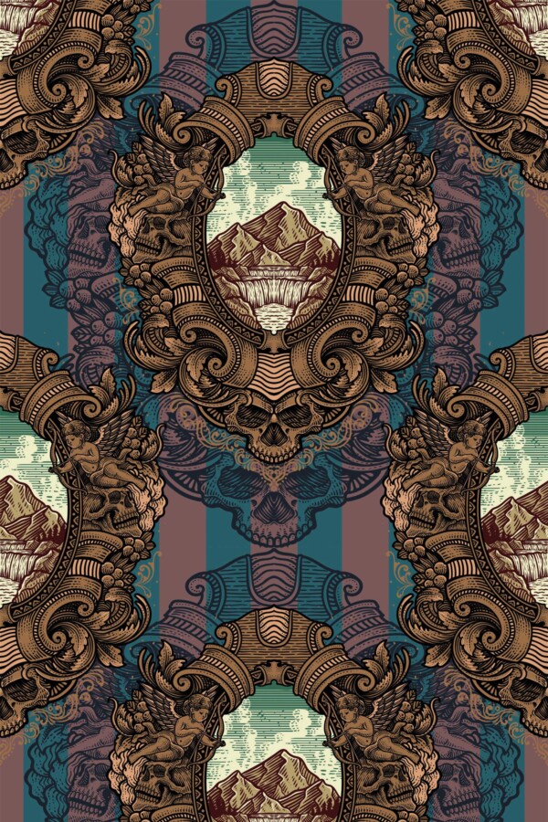 Fancy Walls removable wallpaper in moody brown Victorian skull design.
