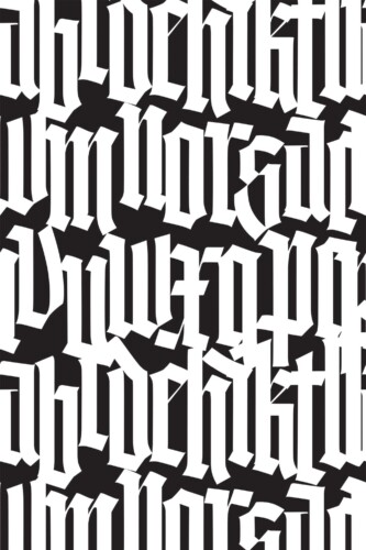 Fancy Walls removable wallpaper displaying gothic type pattern in monochrome tones.