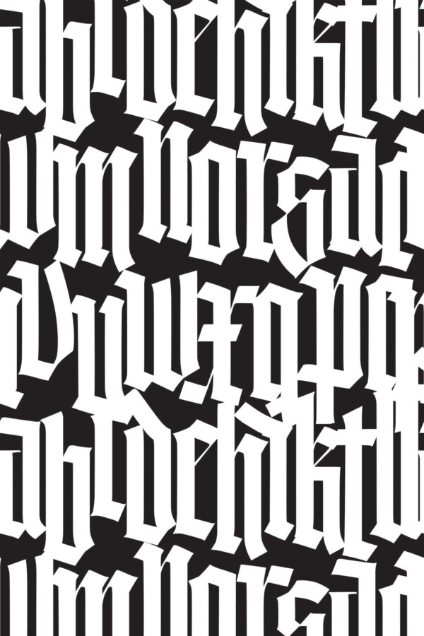 Fancy Walls removable wallpaper displaying gothic type pattern in monochrome tones.