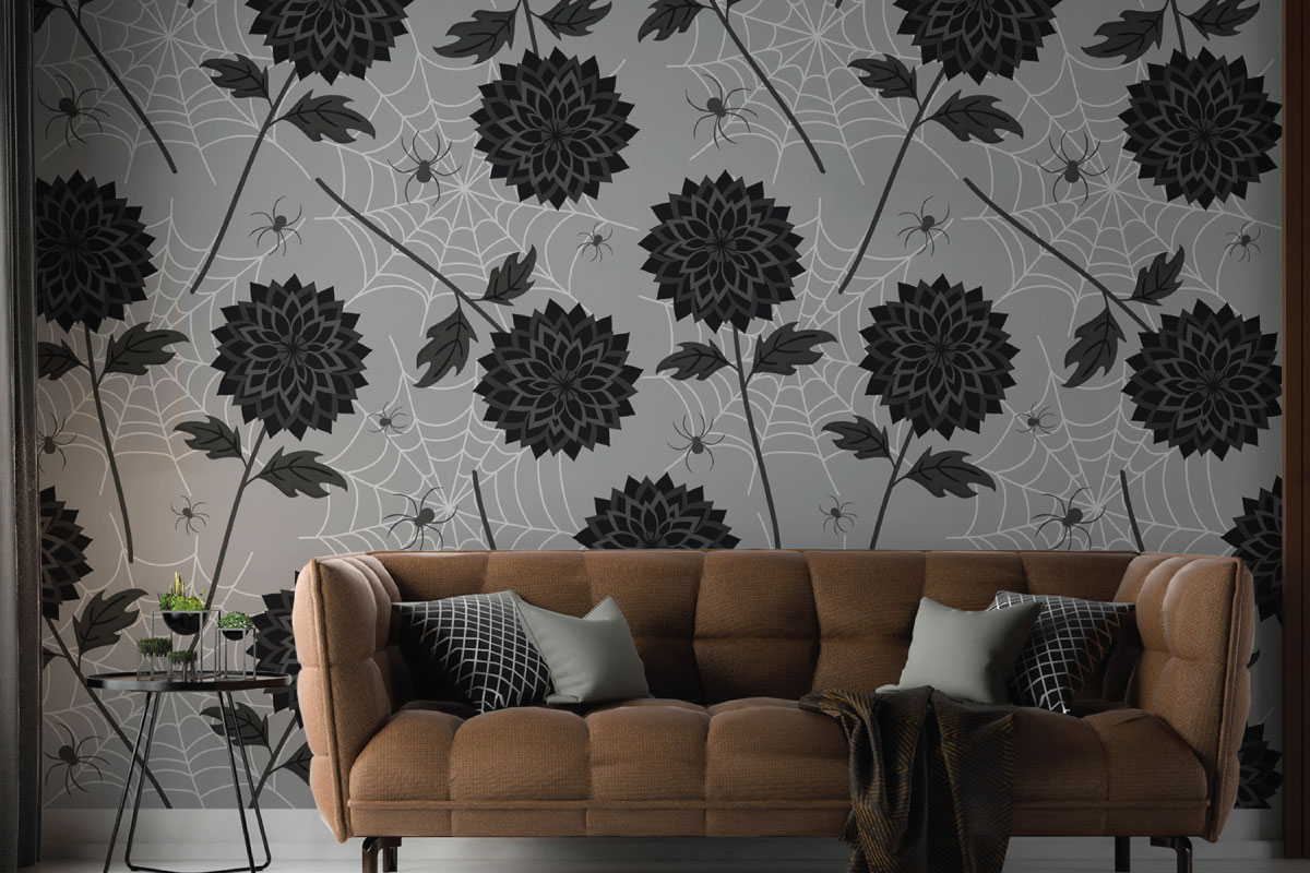 Bold dark floral and spider web elegant gothic peel and stick or non pasted wallpaper mural
