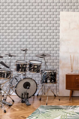 Fancy Walls self-adhesive wallpaper featuring 3d gray pixelated brick design.