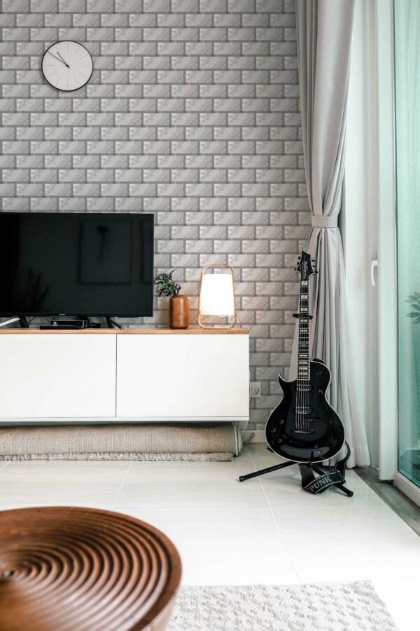 Fancy Walls traditional wallpaper featuring seamless gray pixel bricks.