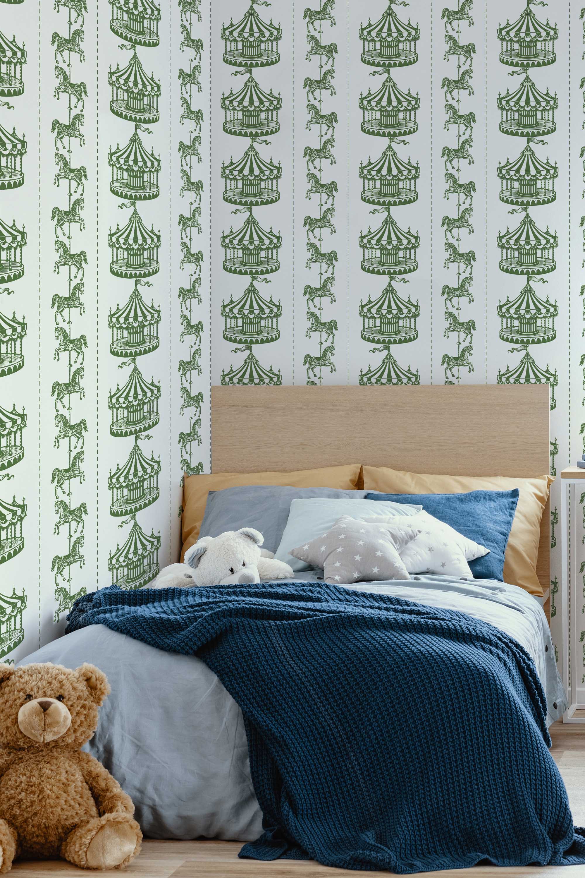 Fancy Walls traditional wallpaper designed with carousel animals and circus charm in an antique tone.