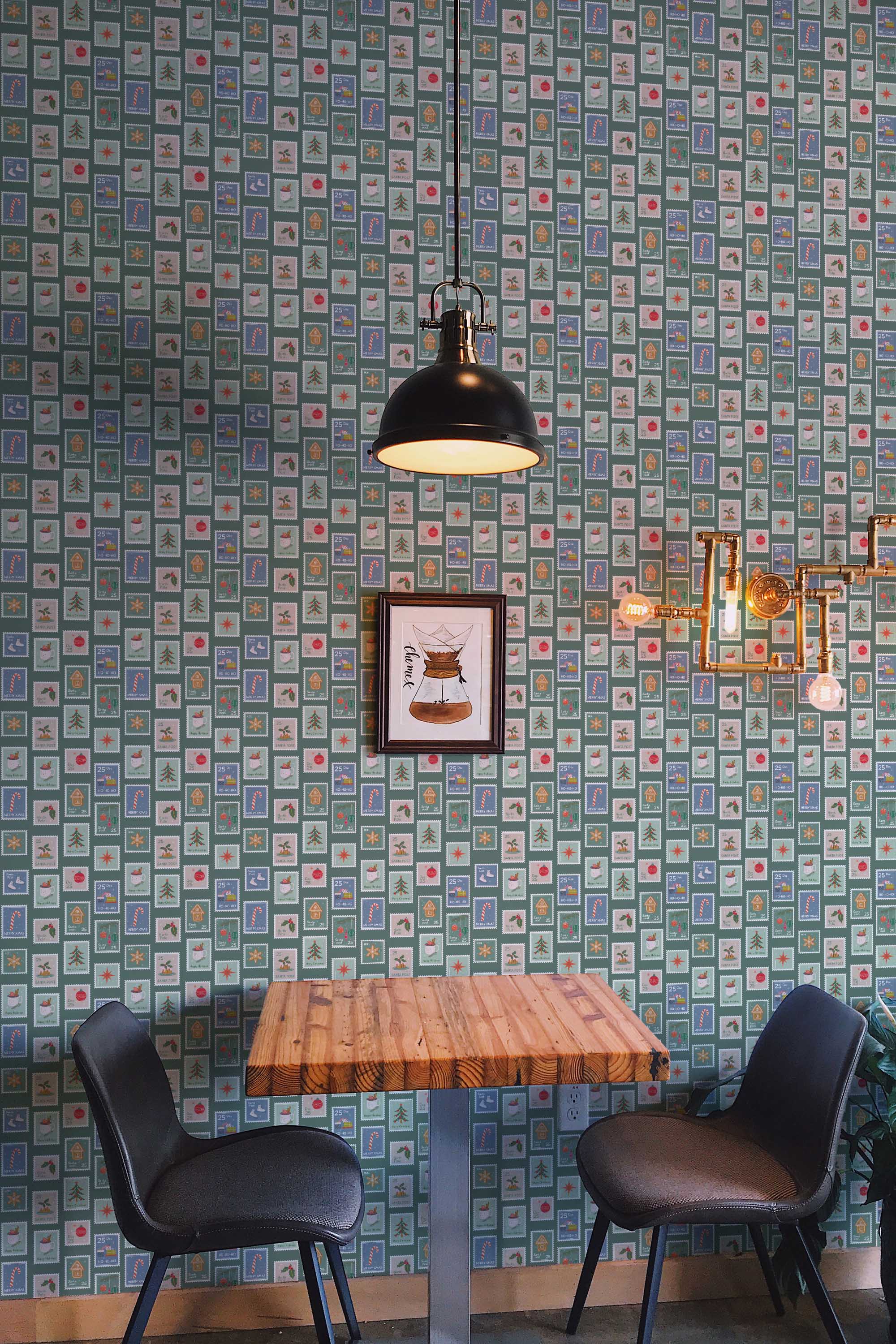 Fancy Walls self-adhesive wallpaper with retro postmark patterns in green for playful seasonal interiors.