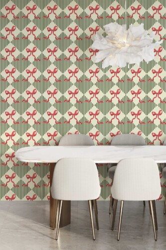 Fancy Walls self-adhesive wallpaper with vintage green ribbon bow design for elegant decor. Holiday Bows Wallpaper peel and stick or non-pasted eco-friendly and PVC-free wallpaper for walls