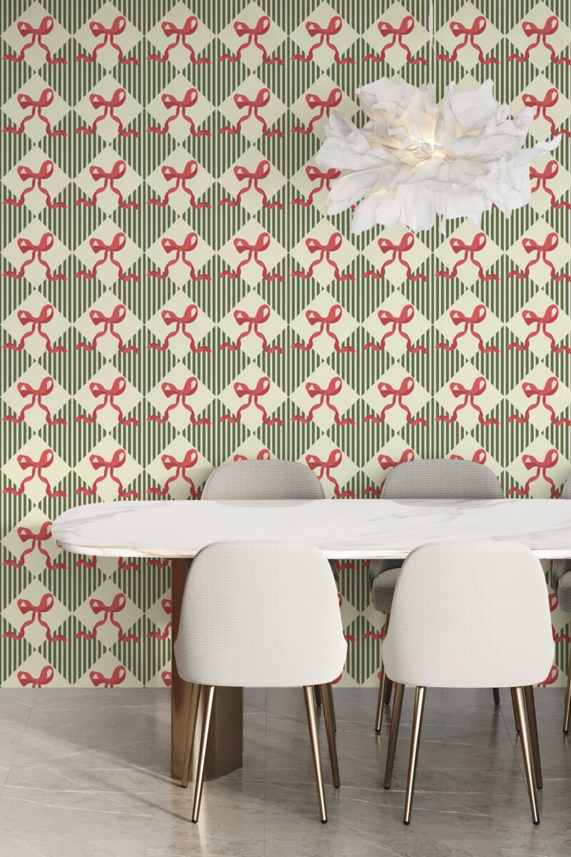 Fancy Walls self-adhesive wallpaper with vintage green ribbon bow design for elegant decor. Holiday Bows Wallpaper peel and stick or non-pasted eco-friendly and PVC-free wallpaper for walls