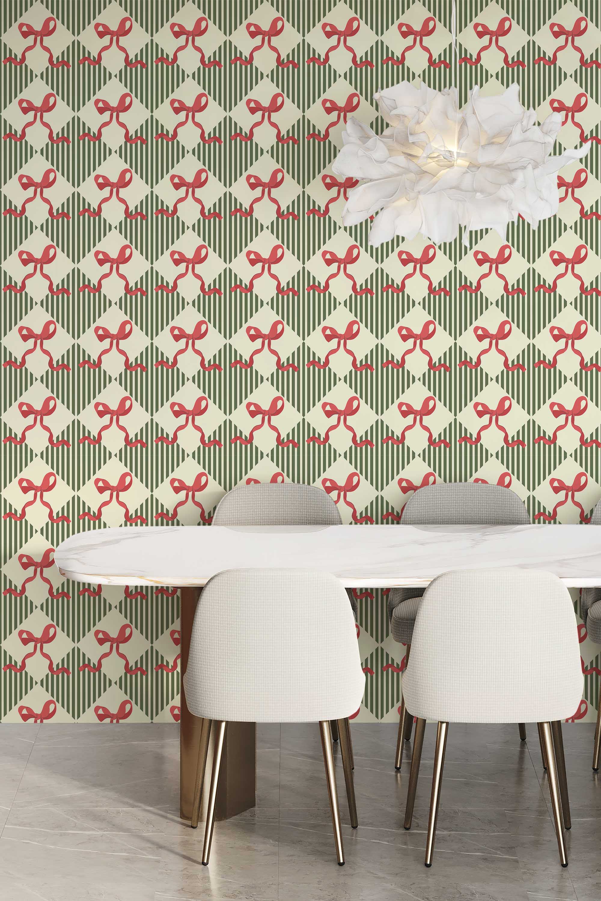Fancy Walls self-adhesive wallpaper with vintage green ribbon bow design for elegant decor. Holiday Bows Wallpaper peel and stick or non-pasted eco-friendly and PVC-free wallpaper for walls
