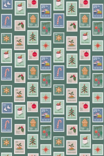Fancy Walls removable wallpaper displaying nostalgic green postage motifs perfect for cozy rooms.