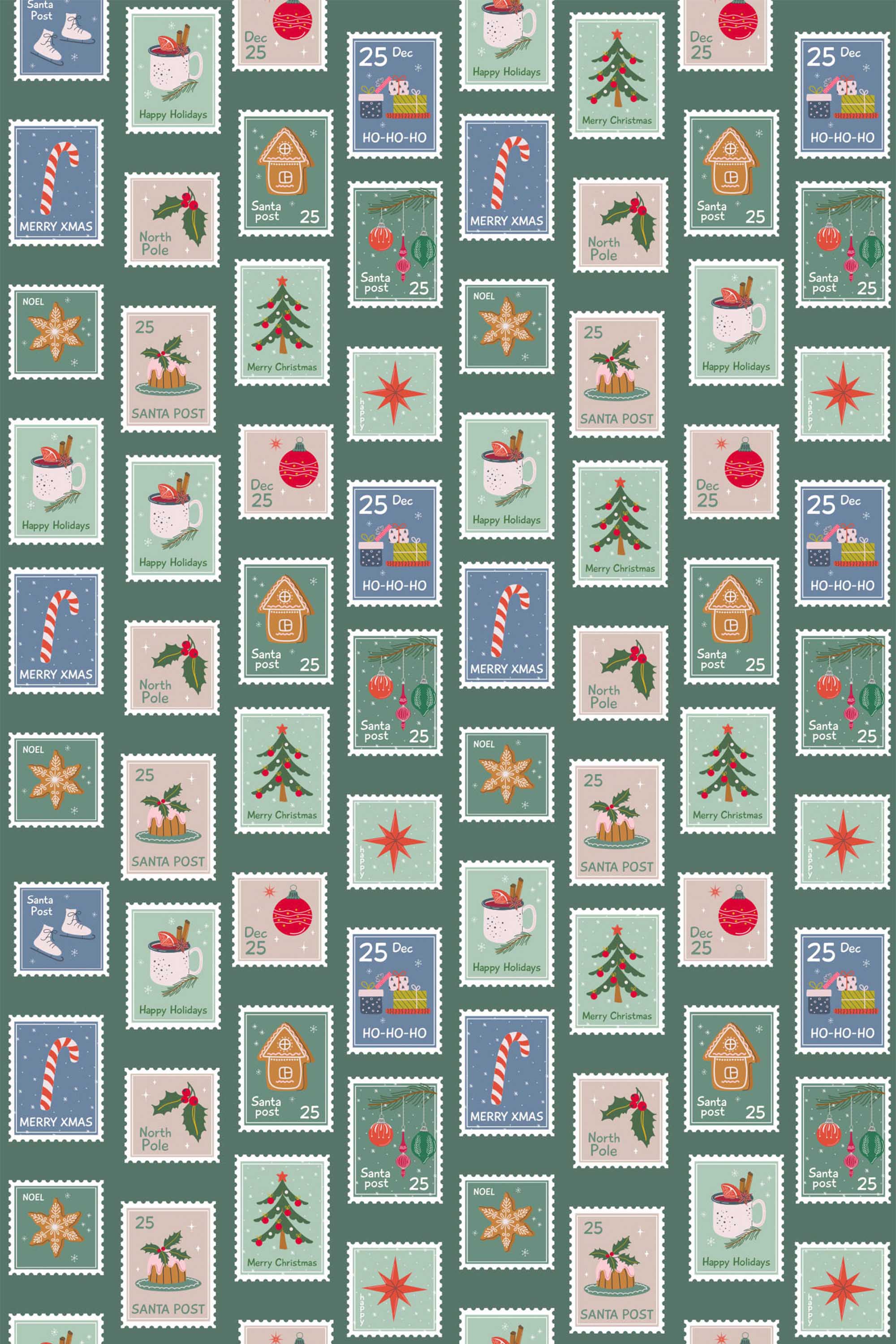 Fancy Walls removable wallpaper displaying nostalgic green postage motifs perfect for cozy rooms.