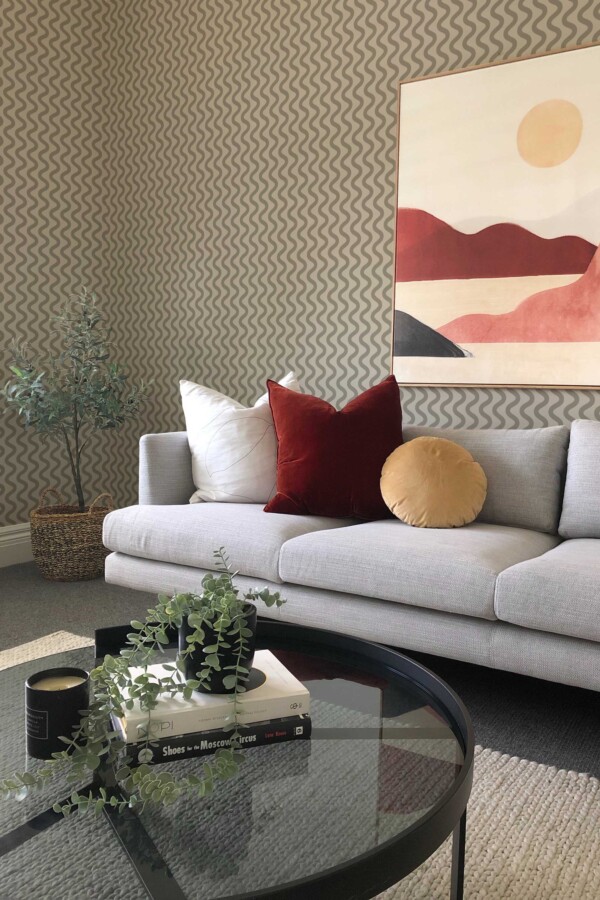 Fancy Walls traditional wallpaper featuring greige and brown zig zag lines.